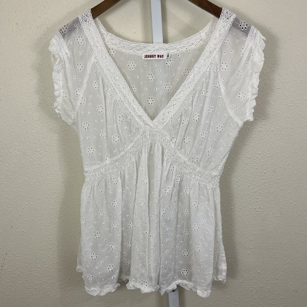 Johnny Was Eyelet Babydoll Blouse Womens S White Lace Boho Romantic Cottagecore